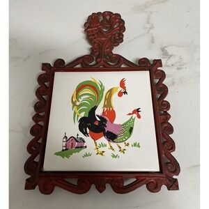 Vintage Red Cast Iron  Rooster Ceramic Tile Farmhouse Trivet‎ 1970s Japan